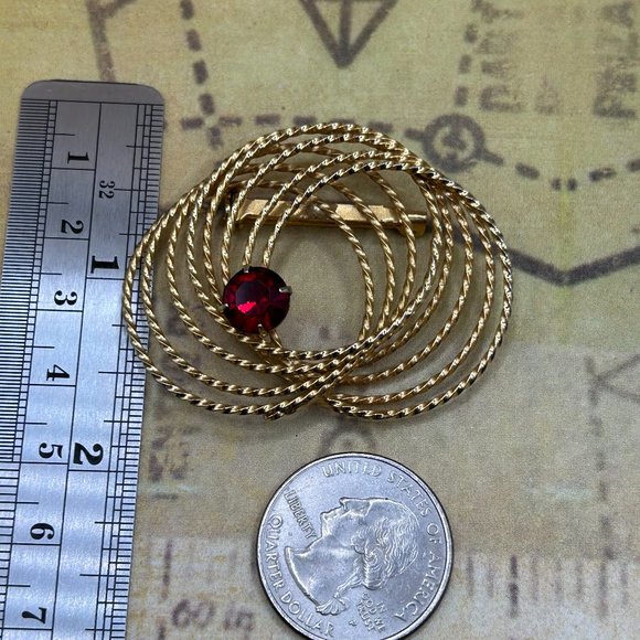 1960s Vintage Round Circles Ruby Red Rhinestone Brooch Pin Abstract Modernist - Picture 2 of 5
